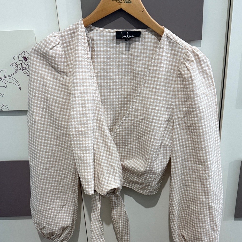 Lulu's Cream Checkered Wrap Blouse